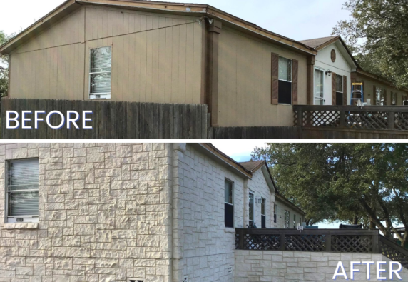 before and after photo of adding brickstone masonry siding