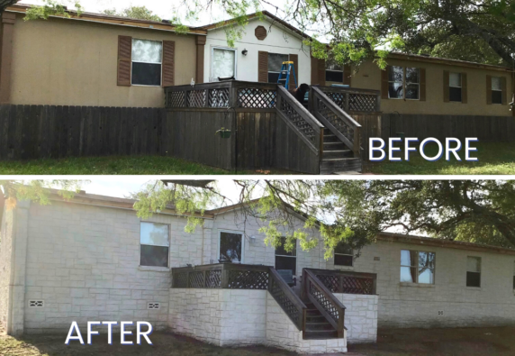 before and after photo of adding brickstone masonry siding