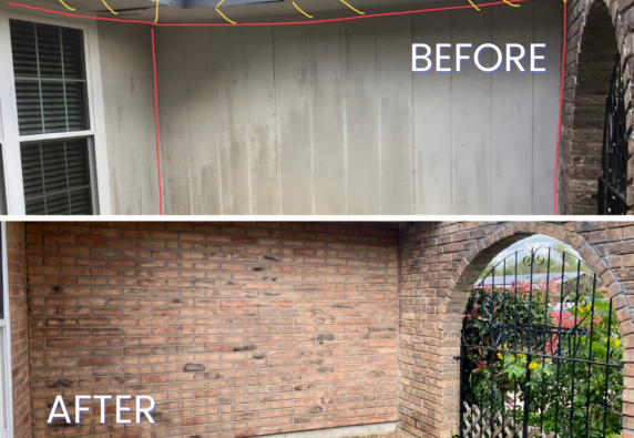 before and after photo of adding brickstone masonry siding